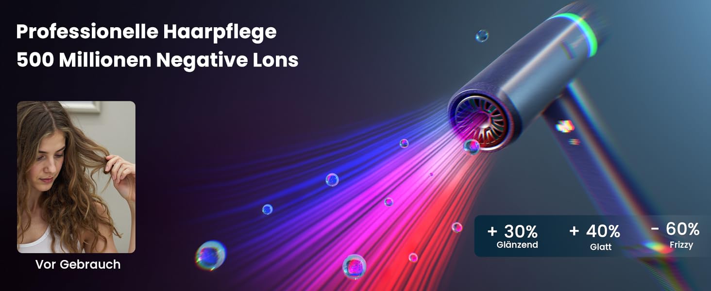 Іонізатор для волосся Föhn: Швидкий фен з дифузором для жінок та чоловіків, 3 режими, 2 швидкості, чорний (блакитний)