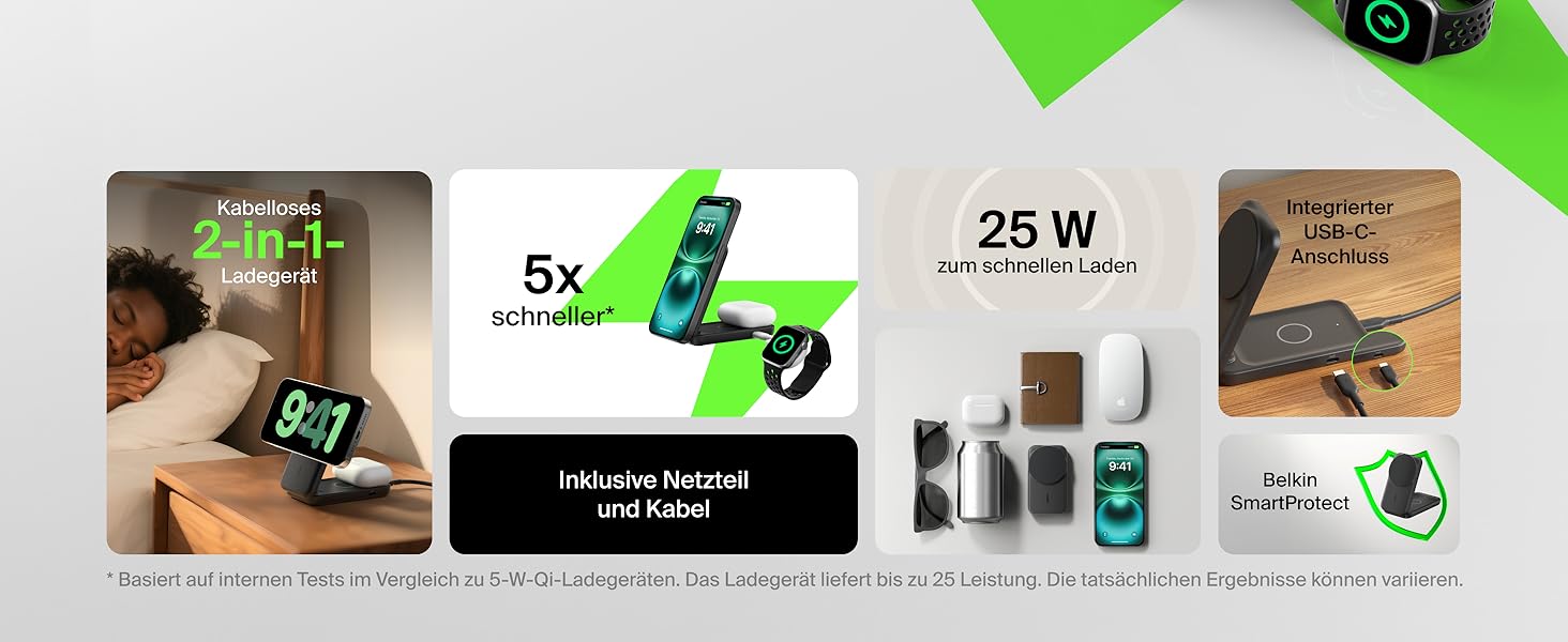 Belkin UltraCharge Qi 2.2 Зарядна станція 2-в-1 25W MagSafe сумісна, бездротова зарядка для iPhone 17, iPhone Air, AirPods, Pixel – Чорний