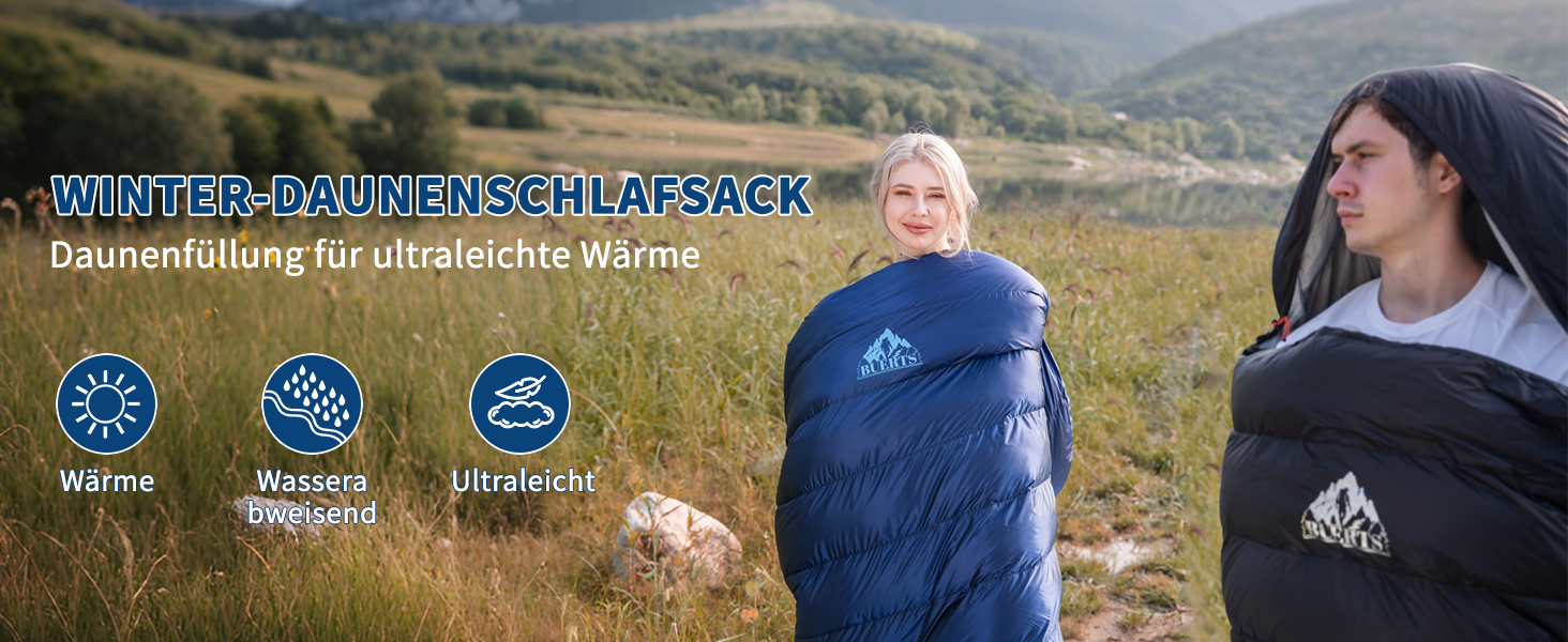 Спальний мішок зимовий Daunenschlafsack: теплий та легкий для дорослих та дітей, 680FP, для походів, альпінізму, кемпінгу. Чорний, 0°C (-10°C)