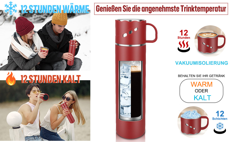 Термокухоль-термос із нержавіючої сталі 550 мл з кришкою-чашкою та ручкою, вакуумний термос 12 годин гарячим / 12 годин холодним, нековзний термос для кави в дорогу для спорту, роботи, школи, авто (червоний)
