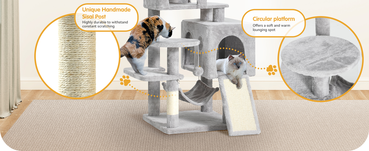 Кігтеточка YITAHOME XL, 137 см, з 2 сизалевими стовпчиками, 1 платформою, 2 хованками, гамаком, плюшевими кульками, дощечкою для заточування кігтів, котячий комплекс, сірий 45 x 45 x 137 см