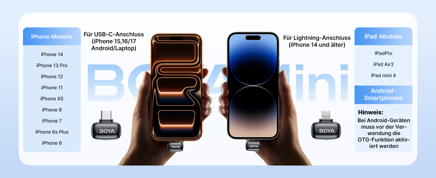 BOYA MINI 2 - Портативний мікрофон з USB-C, 48kHz/24Bit, 100м, 30год, для iPhone, Android, Vlogging, YouTube, інтерв'ю (2TX+2RX, Type-C&Lightning)