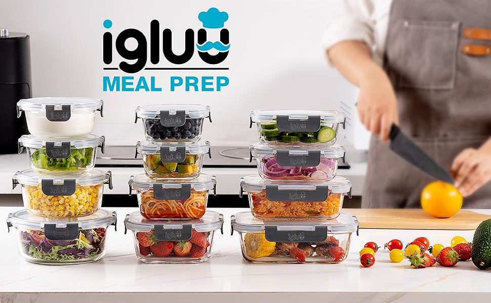 Набір контейнерів для їжі Igluu Meal Prep (12 шт.) – 1050 мл, Borosilikatglas, BPA-free, мікрохвильовка, духовка, морозильник, посудомийна машина, витікання