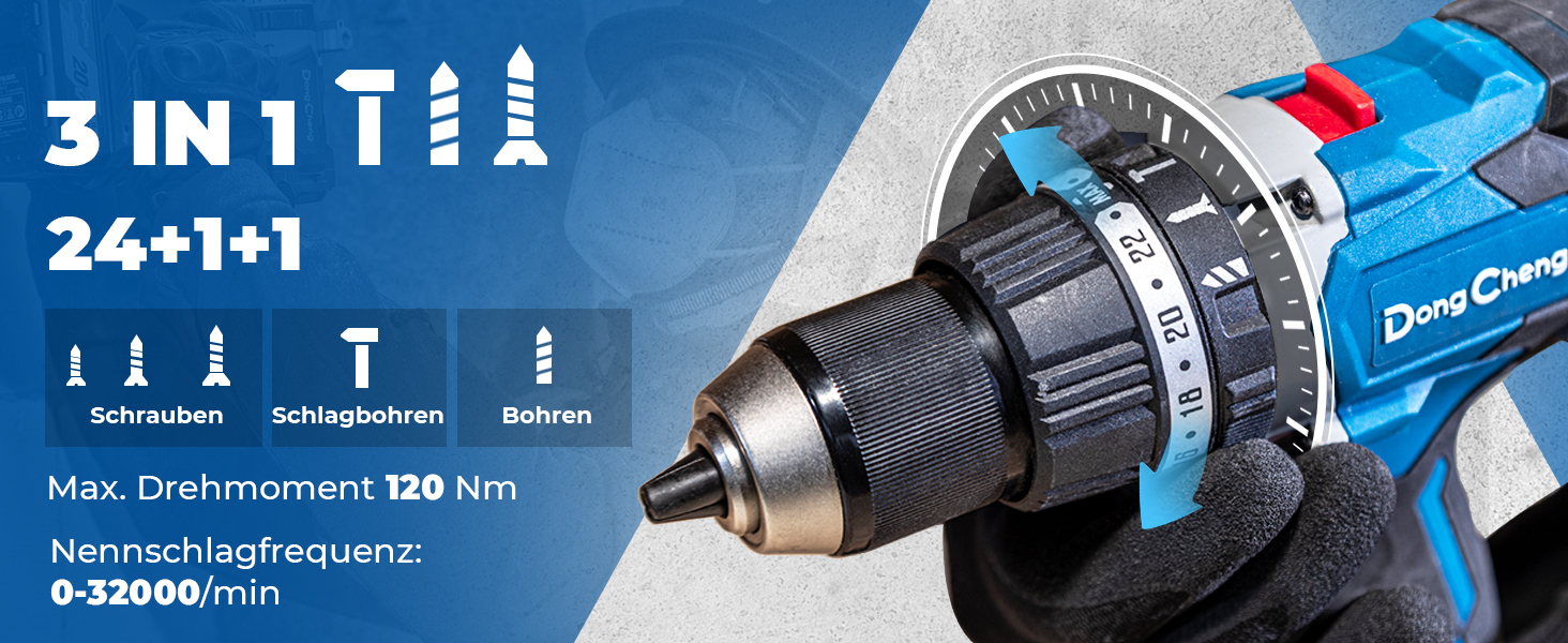 Акумуляторний ударний дриль-шуруповерт DongCheng 18V (2x2.0 Ah), 20+1+1 ступенів моменту, 13 мм патрон, 19-ти частинний набір з аксесуарами (120Nm)