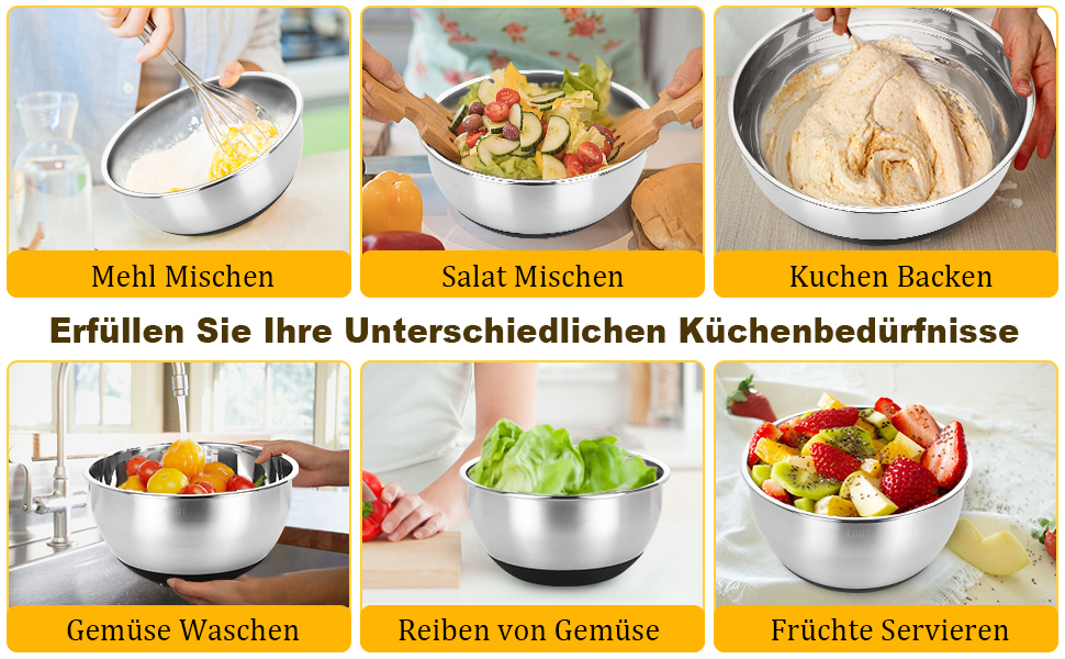 Набір мисок Bastwe з нержавіючої сталі, 4 шт. з кришками, тертки, для випічки та зберігання, складаються, 4.5L/3.5L/2L/1.1 L