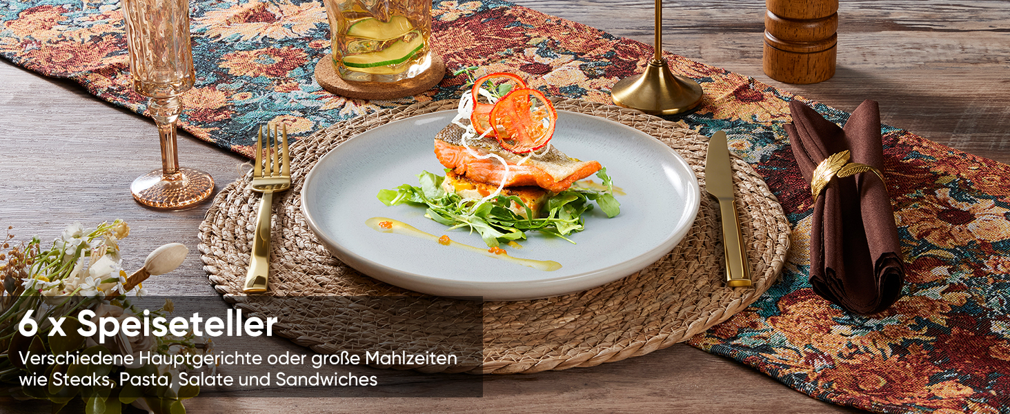 Набір посуду HaWare на 6 осіб, 18 предметів: тарілки, десертні тарілки, миски, бежевий колір. Підходить для мікрохвильової печі та посудомийної машини.