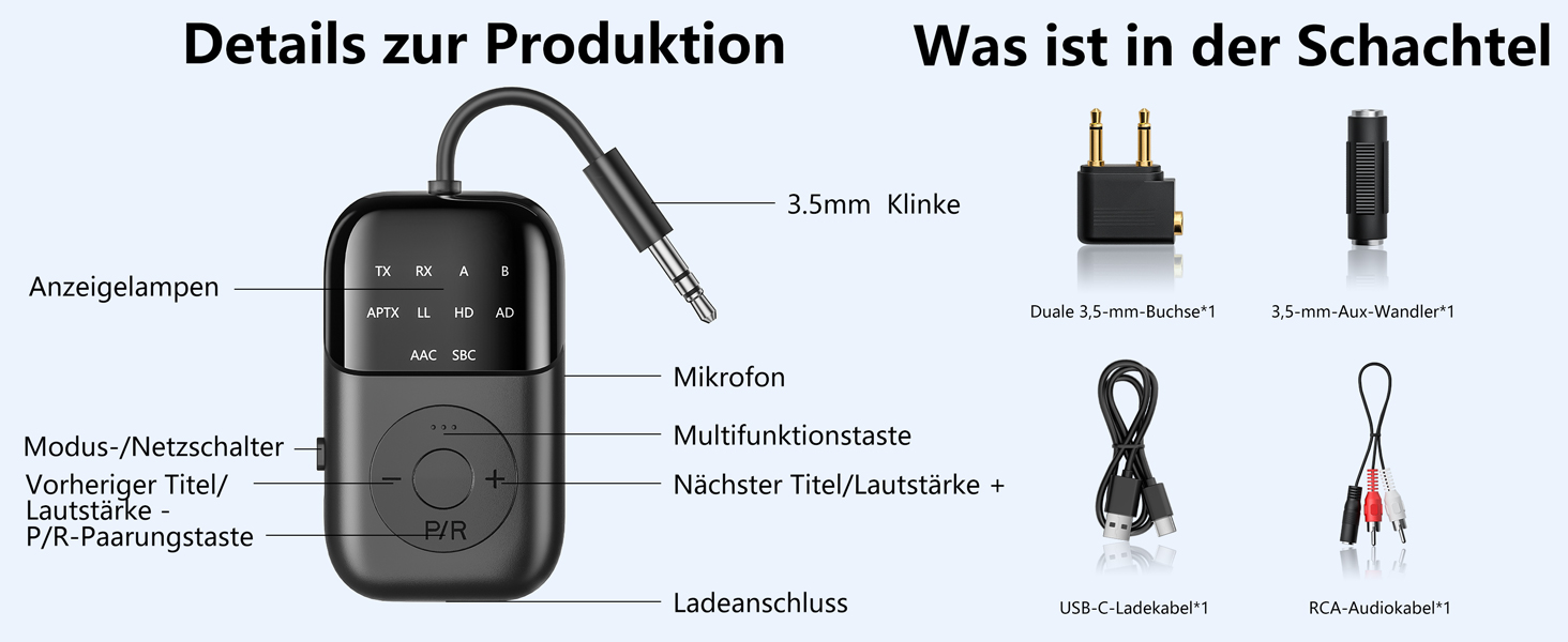Bluetooth 5.4 адаптер 2-в-1 (передавач та приймач) з aptX Low Latency, 3.5 мм jack, для навушників, ТБ, авто та літака, чорний