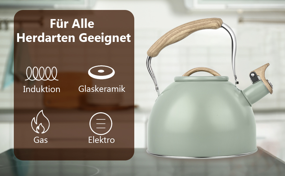 Чайник-заварник Flintronic з нержавіючої сталі, 3л, з дерев'яною ручкою, для всіх плит, чайник-заварник для чаю та кави (зелений)