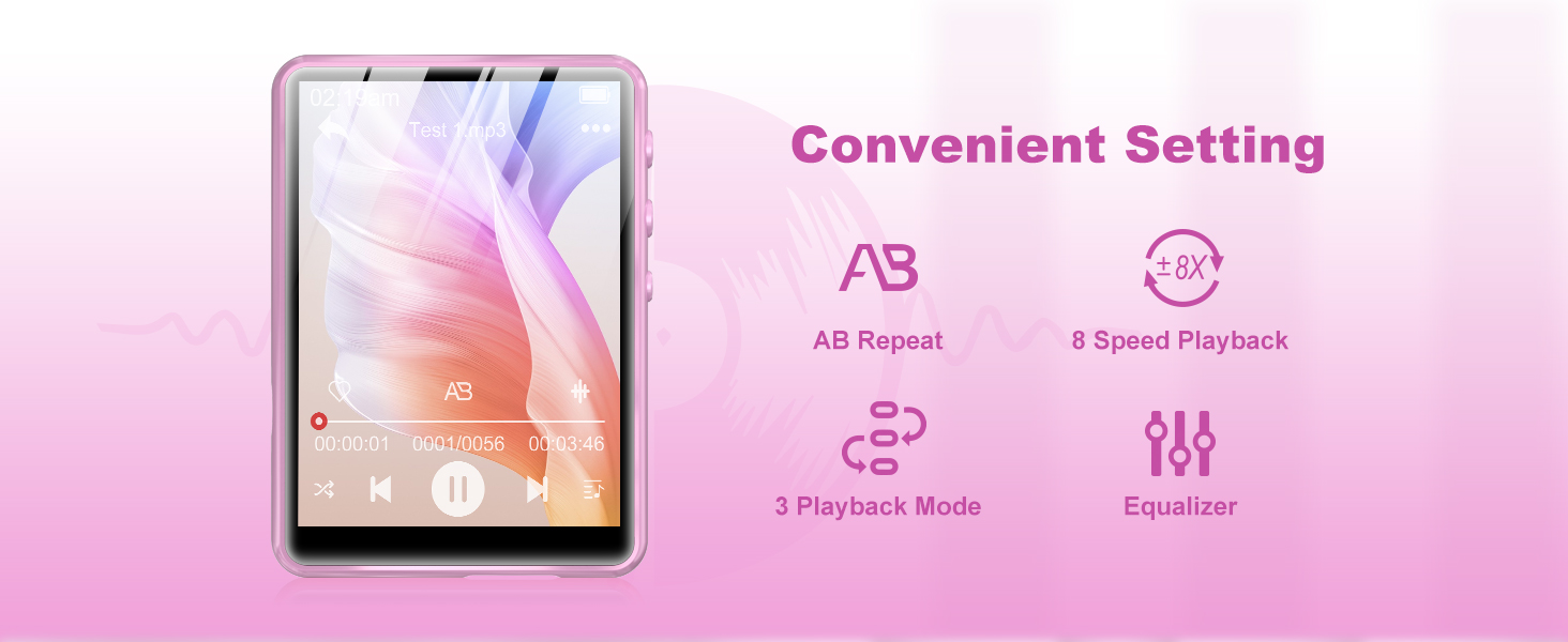 MP3 плеєр SWOFY з Bluetooth 5.3, 64ГБ, HiFi звук, вбудований динамік, FM-радіо та диктофон, 2.4