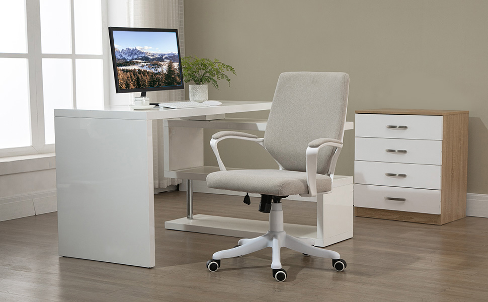 Крісло офісне Vinsetto ергономічне з підлокітниками, регульоване по висоті, поворотне, з функцією гойдання, з виглядом льону, м'яке комп'ютерне крісло (бежево-біле)