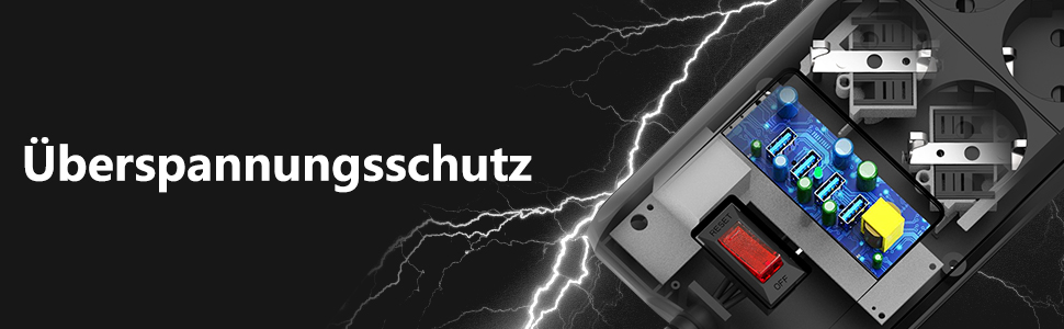 Мережевий фільтр з 4 USB, 6 розеток, вимикач, настінний, 3680W, 16A, 2 Type-C, кабель 1.8м (чорний)