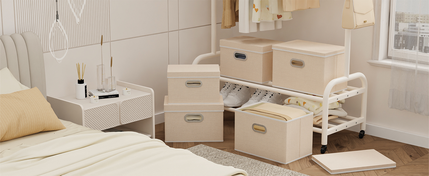 Yawinhe 3-Piece Storage Boxes with Lids, Foldable Fabric Box with Handles, Storage Boxes, for Bedroom, Clothes Storage, 32x23x20cm, SNK023G-3 (32x23x20cm/3-Pack, Beige)