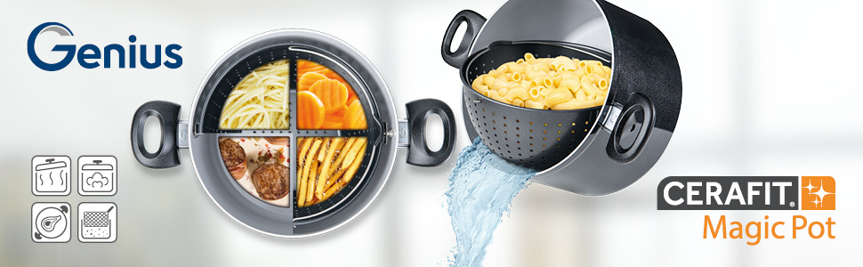 Набір каструль Genius Cerafit Magic Pot 6 предметів 20 см і 24 см, 3,7 л і 6,3 л з друшляком і скляною кришкою, універсальні, для всіх плит, чорний