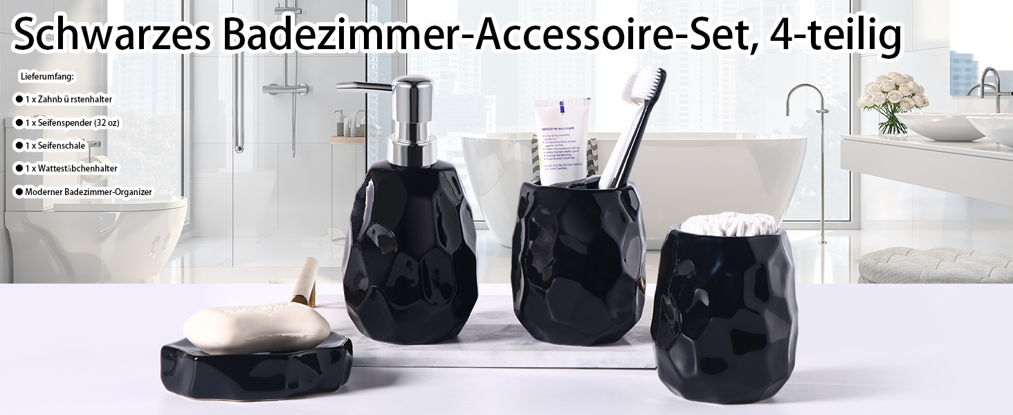 Набір аксесуарів для ванної кімнати, 4 шт: диспенсер для мила, мильниця, тримач для зубних щіток, стаканчик для зубних щіток, органайзер для ванної кімнати (Чорний)