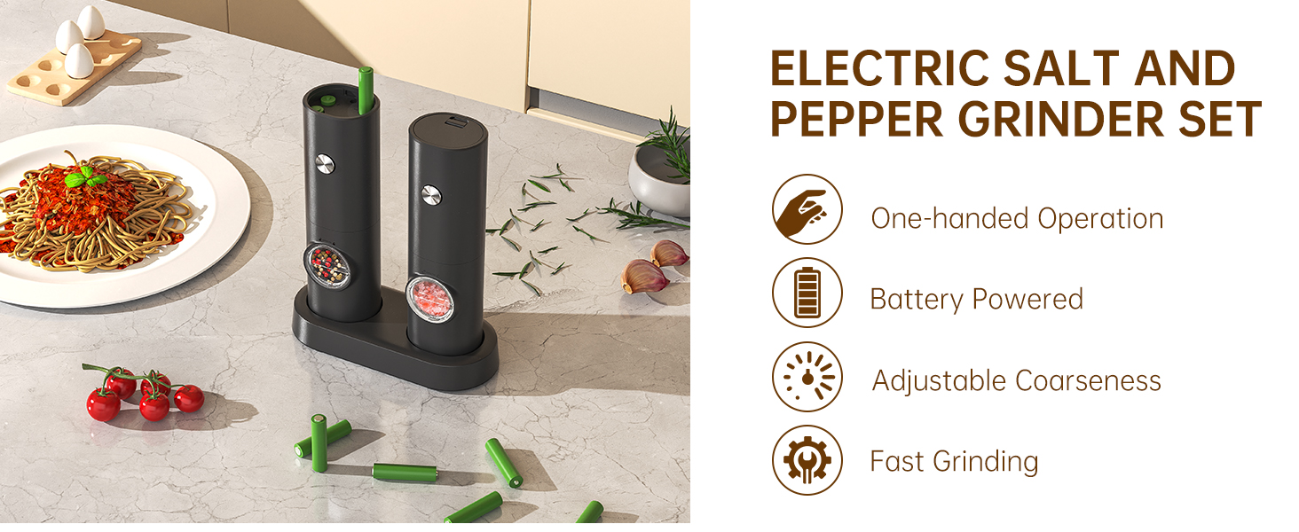 CIRCLE JOY Мельниці для солі та перцю електричні, набір 2 шт., чорні, з підставкою, світлодіодне підсвічування, регулювання помелу, об'єм 70 мл