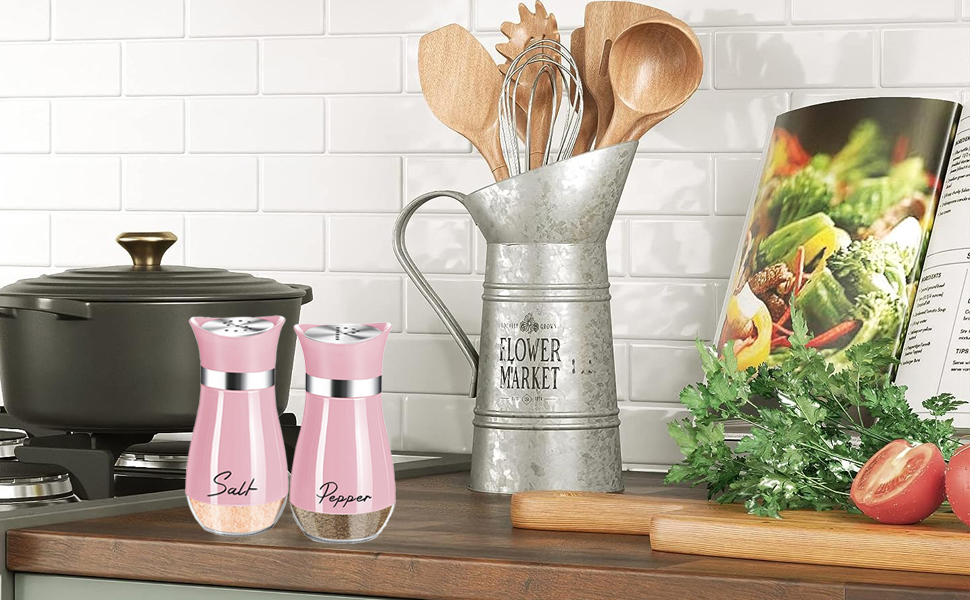 Набір для солі та перцю з нержавіючої сталі з скляною пляшечкою, дозатор спецій, кухонне приладдя для дому, кухні, ресторану, обіднього столу (Рожевий)