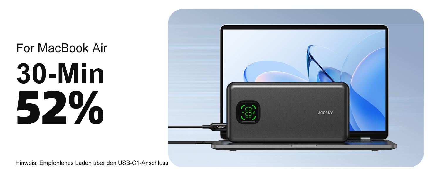 Power Bank 65W 25000mAh Klein Aber Stark для ноутбука та iPhone/iPad: портативний акумулятор з LED дисплеєм, USB-C, сірий