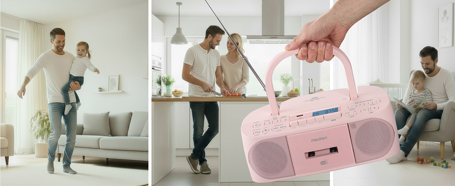 MEDION DRX-1 Plus Boombox: Портативна радіосистема з DAB+, Bluetooth, CD-плеєром, MP3, касетним провідником, AUX, акумулятором та мережевим живленням, зелений/рожевий колір