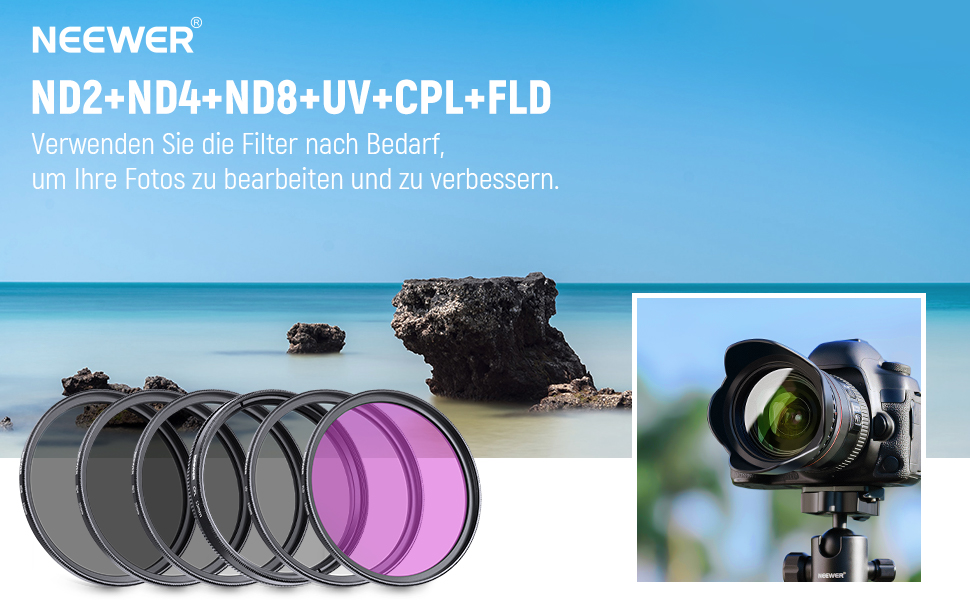 Набір фільтрів NEEWER 55mm ND2 ND4 ND8 UV FLD CPL: Фільтри для об'єктива з кришкою та блендою