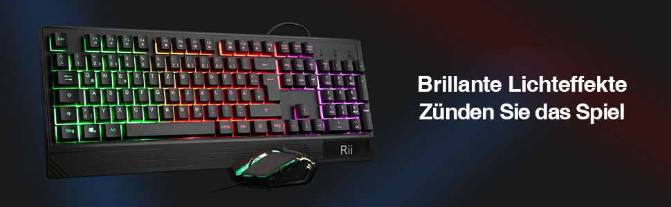 Rii Комплект ігрової клавіатури та миші, RGB підсвічування, QWERTZ (DE-розкладка), водонепроникна клавіатура та миша USB з 3200 DPI для професійних геймерів