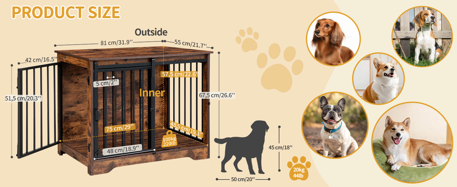 Hzuaneri Modern Wooden Dog Crate Furniture - Indoor Dog Box with Sliding Doors for Small/Medium Dogs - 81cm Height, 55x81x67.5cm, Vintage Brown DFC83601B