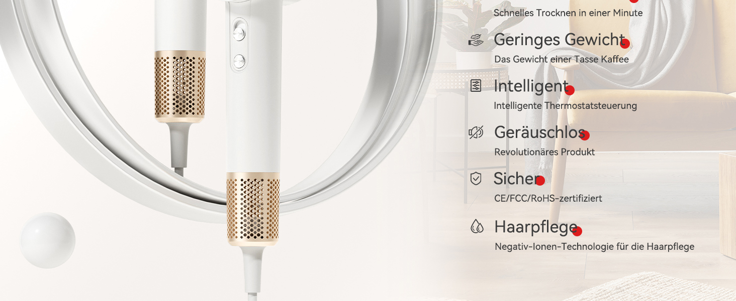 Фен з дифузором, потужний фен з мотором 160 000 об/хв, іонізатор, 500 млн негативних іонів, для подорожей та дому (сірий), з дифузором