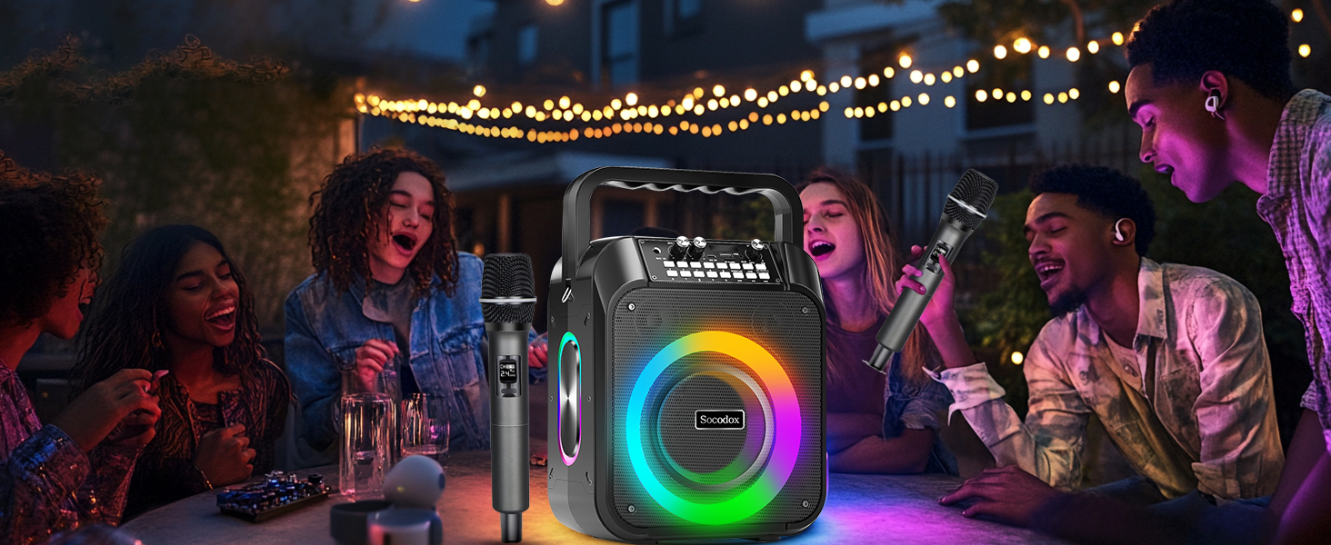 Караоке машина з Bluetooth, 2 мікрофонами, RGB-підсвічуванням та потужністю 30W