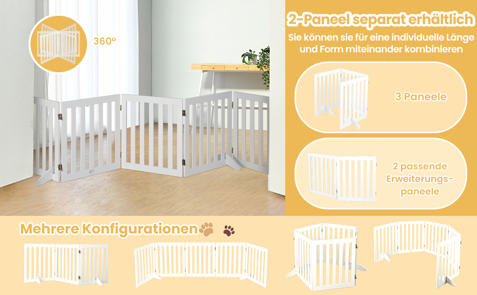 Захисний бар'єр для собак COSTWAY 60см, дерев'яний, дитячий, розкладний, для сходи, білий (5 панелей)