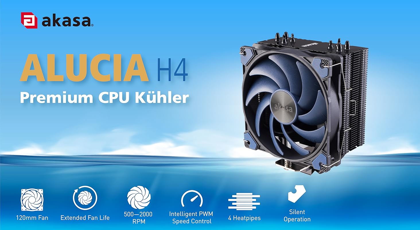 Система охолодження CPU Akasa Alucia H4 з вентилятором 120мм PWM, 4 теплові трубки, 185W TDP, для Intel LGA 2066, 2011, 1151, 1155, 1150, 1200, AMD AM4 AM5 Ryzen