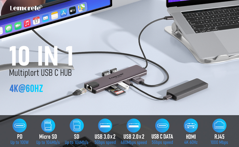 Lemorele USB-C Док-станція: 11-в-1 хаб з 2xHDMI 4K, 3xUSB 3.0/2.0, VGA, PD 100W, SD/TF, Ethernet (сумісна з Windows, MacBook, Dell, HP, Lenovo, Surface)