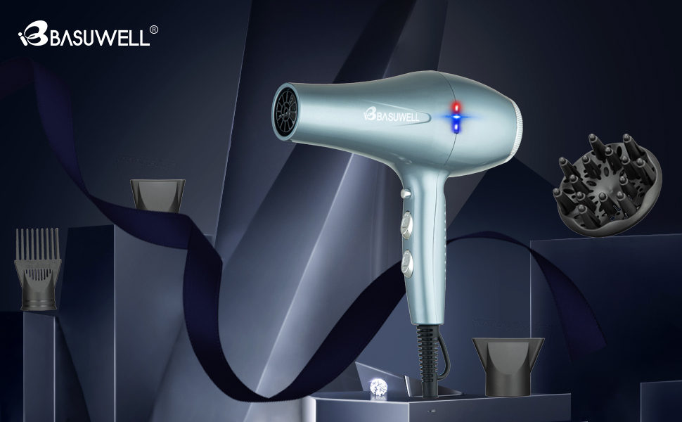 Фен Basuwell Ionen Pro 2100W з дифузором: 3 режими, 2 швидкості, інфрачервовий, AC-двигун (срібний)