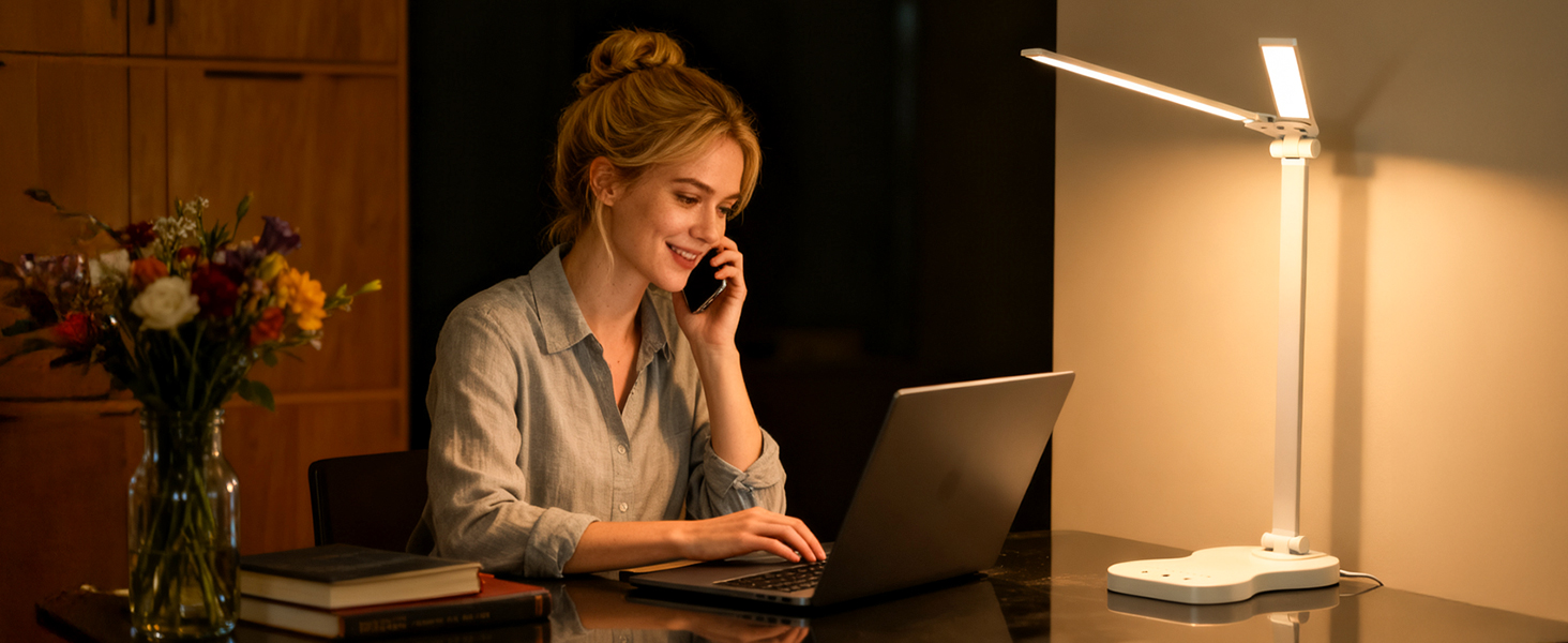 Стійка лампа для робочого столу з двома регульованими головками, 5 режимів кольору, 10 рівнів яскравості, сенсорне керування, таймер 45 хв, диммування, для дому, офісу, читання, навчання - біла