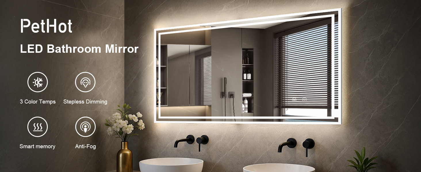 Дзеркало для ванної кімнати зі підсвічуванням 70x50 см, сенсорне керування, протизапітніння, 3 кольори світла, регулювання яскравості