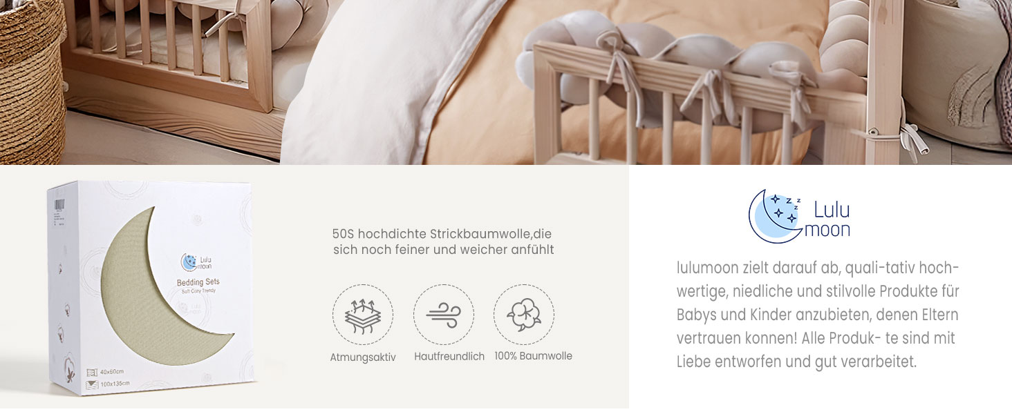 Бетліня для дітей Lulumoon з мусліну 100x135 см: комплект простирадла 100x135 + наволочка 40x60 см з бавовни Oeko-TEX Standard – легка та комфортна постільна білизна для малюків