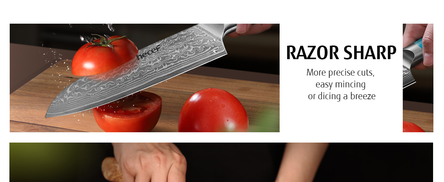 Японський ніж Hecef Damast з високоякісною ручкою з харчової смоли, 20 см. Професійний ніж для кухні з 67 шарів дамаської сталі, гострий, з захистом для леза. Ідеальний подарунок шеф-кухарю та поціновувачу кулінарії.