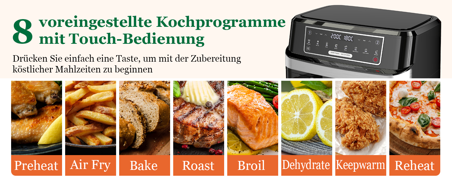 Фритюрниця повітряна з 2 камерами на 9 літрів | Air Fryer з двома відсіками по 4,5 л, 2600 Вт, 8-в-1, сенсорне керування, функція Smart Finish, незалежний контроль температури та часу (срібна)