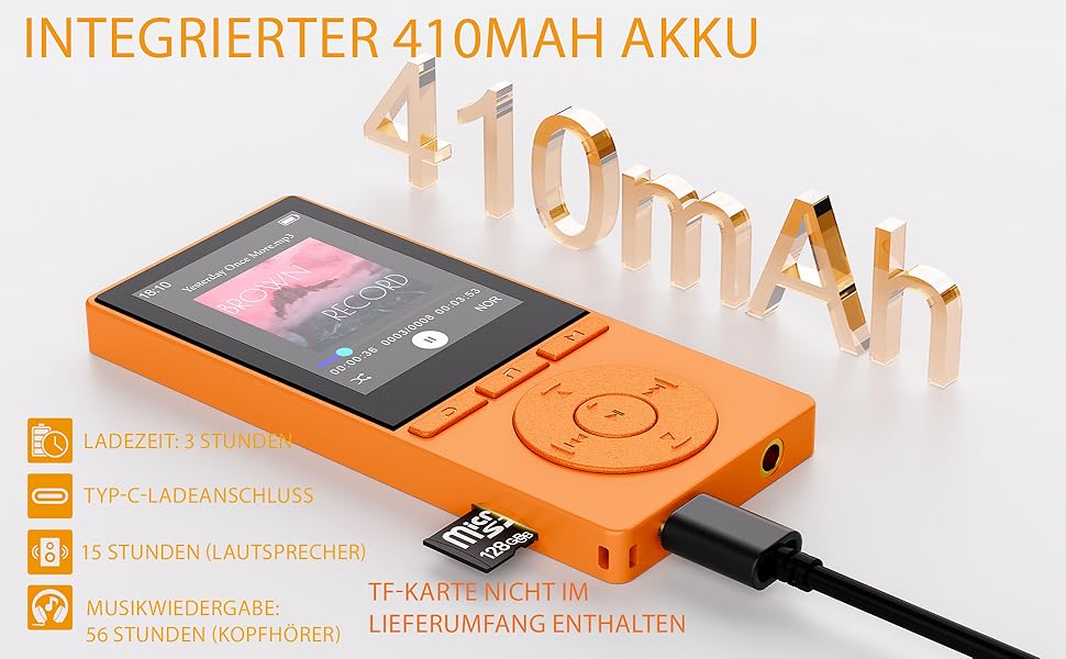 MP3 плеєр 64GB Bluetooth 5.3 з динаміком, HiFi звук, диктофон, E-book, підтримка TF карти 128GB (Помаранчевий)