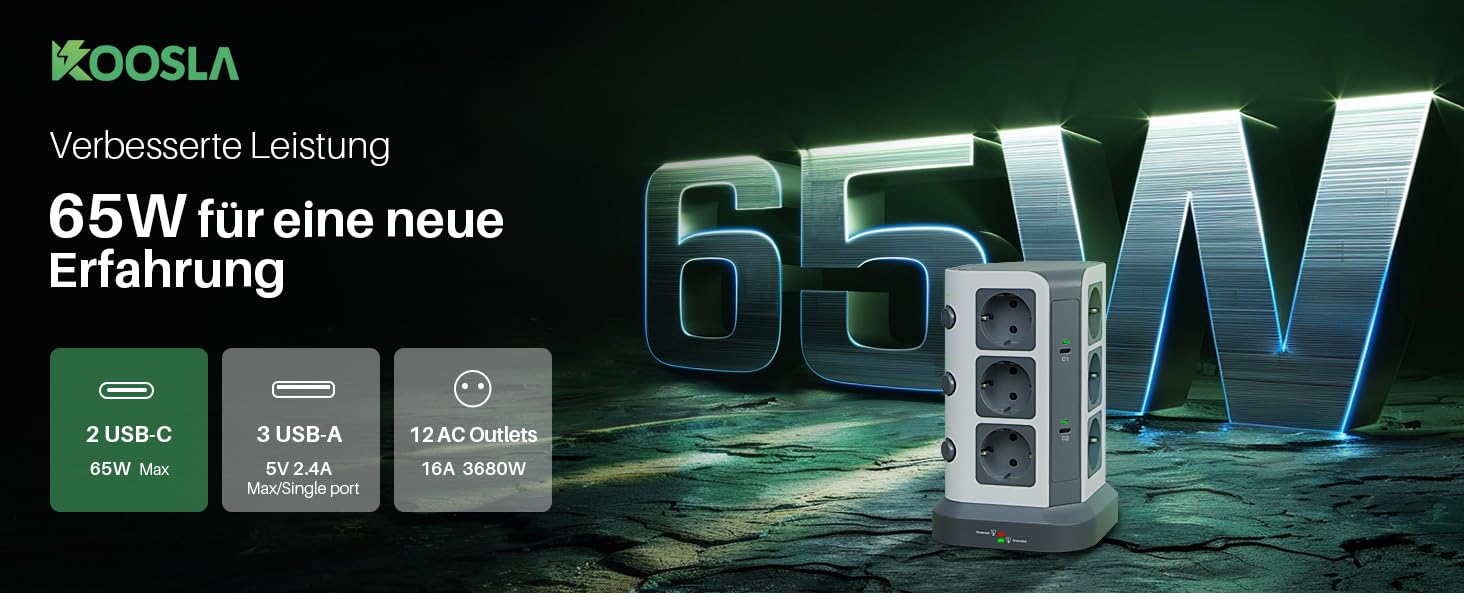 Блок розеток KOOSLA з USB-C, 12 розеток, 3680W/16A, захист від перенапруги (1500J), індивідуальне вмикання, сірий колір, 5м кабель, 65W PD USB-C, 2м