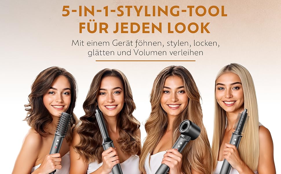 Мультистайлер 5-в-1 – плойка, фен-щітка з 110 000 обертів/хв – щітка для волосся з гарячим повітрям/фен-щітка/стайлер для великих локонів, об'єму та гладкого волосся – іонізатор для волосся з 5 насадками