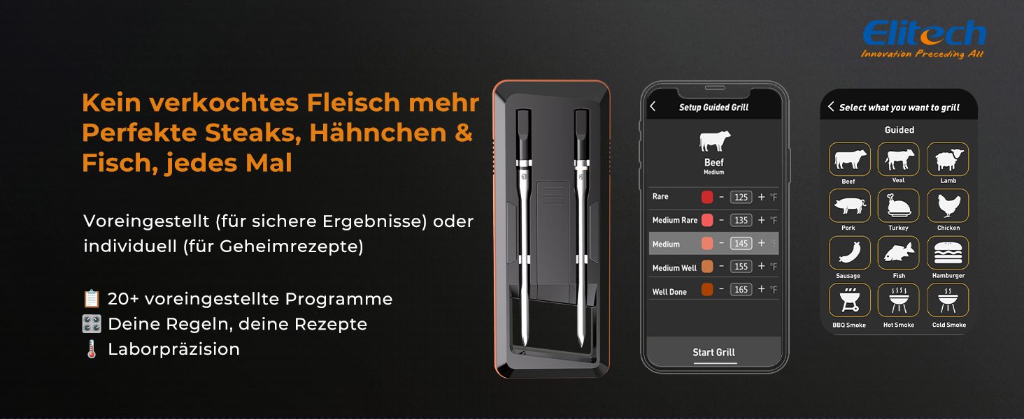 Bluetooth термометр для м'яса Elitech з двома зондами, IP67, 0-300°C, для гриля, духовки, ротисерії, фритюрниці, кухні