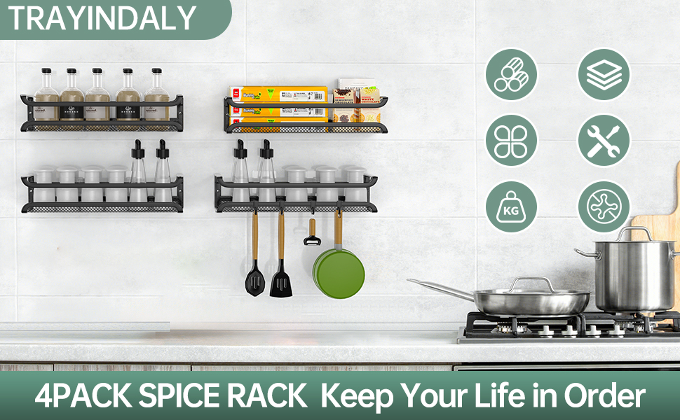 Настінна полиця для спецій, 4 шт. Організатор для спецій з рухомими гачками, полиця для спецій на кріпленнях (клей/шурупи), металева, для кухні та шафи