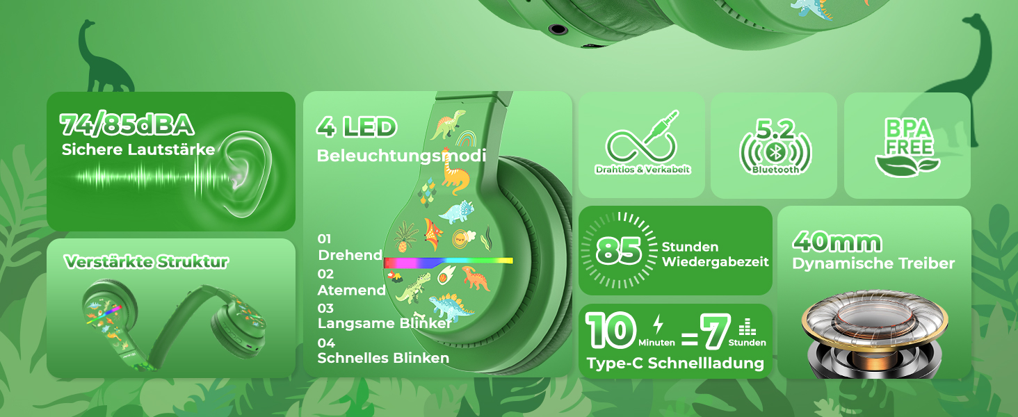 iClever Бездротові навушники для дітей з LED-підсвічуванням, Over-Ear, Bluetooth 5.2, мікрофон, BTH12 (Хвилинка)