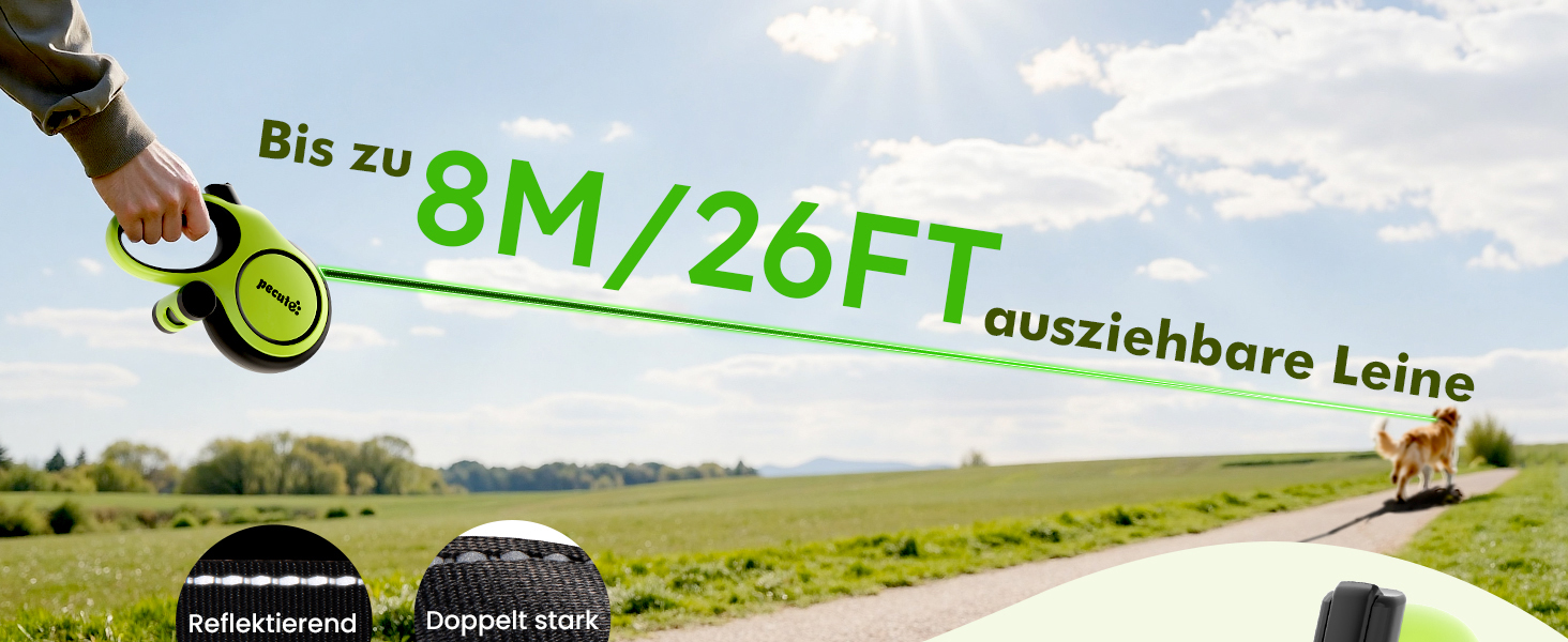 Рулетка для собак Pecute 8м, бісостійка, з набором для збору відходів, 360° без перекручування, для собак середніх та великих (15-50кг), зелена