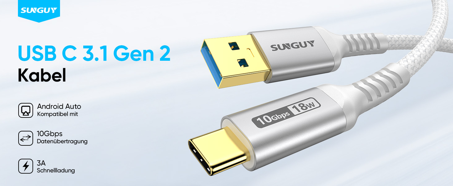 Кабель USB-C SUNGUY, нейлоновий, 0.5м, білий - для iPhone, Samsung, Android Auto
