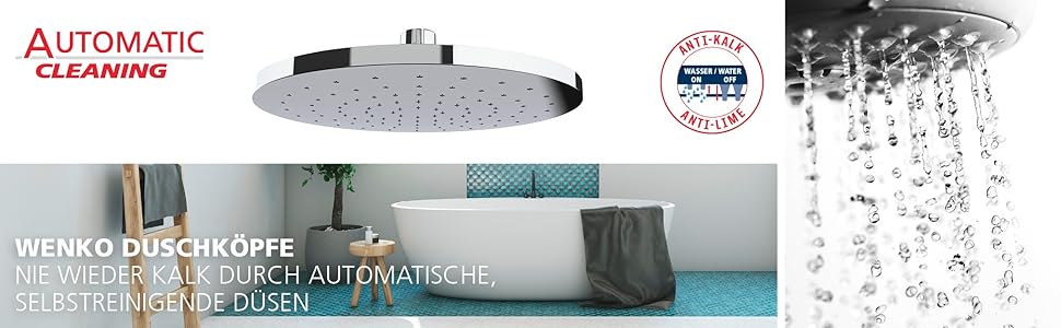 WENKO Showerhead Automatic Cleaning - Anti-Limescale Universal Showerhead with Automatic Cleaning System, Plastic (ABS), 22.5 x 22.5 cm, Silver Glossy, Chrome, 24000100
