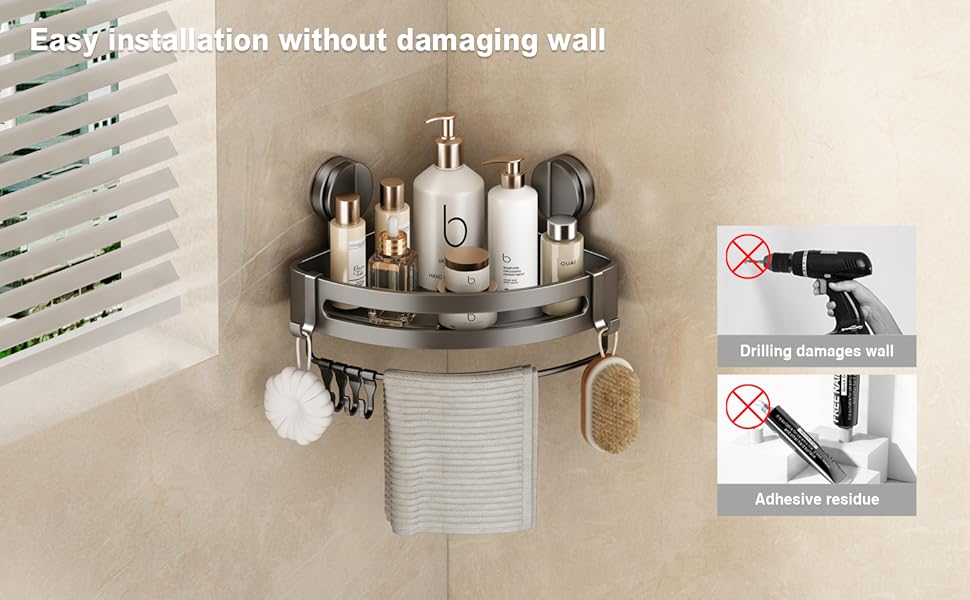 Поличка для душу без свердління, кутова поличка для ванної кімнати, органайзер для душу з тримачем для рушників та знімними гачками (2 шт., сірий) Трикутна