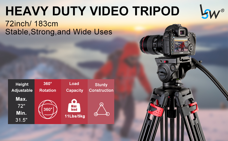 Штатив важкий 183 см, Lusweimi Професійний штатив для відеокамери з алюмінію, 2 швидкісні пластини, 360° Fluid-головка, середній розширювач, Макс. навантаження 7.7 кг