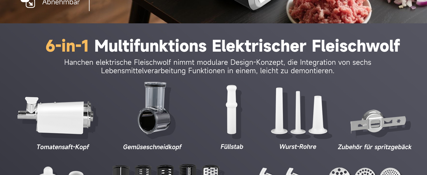 М'ясорубка електрична Hanchen 4-в-1 з насадками для ковбас та кубебе, 3 диски (3.5/5/7 мм) та овочерізка