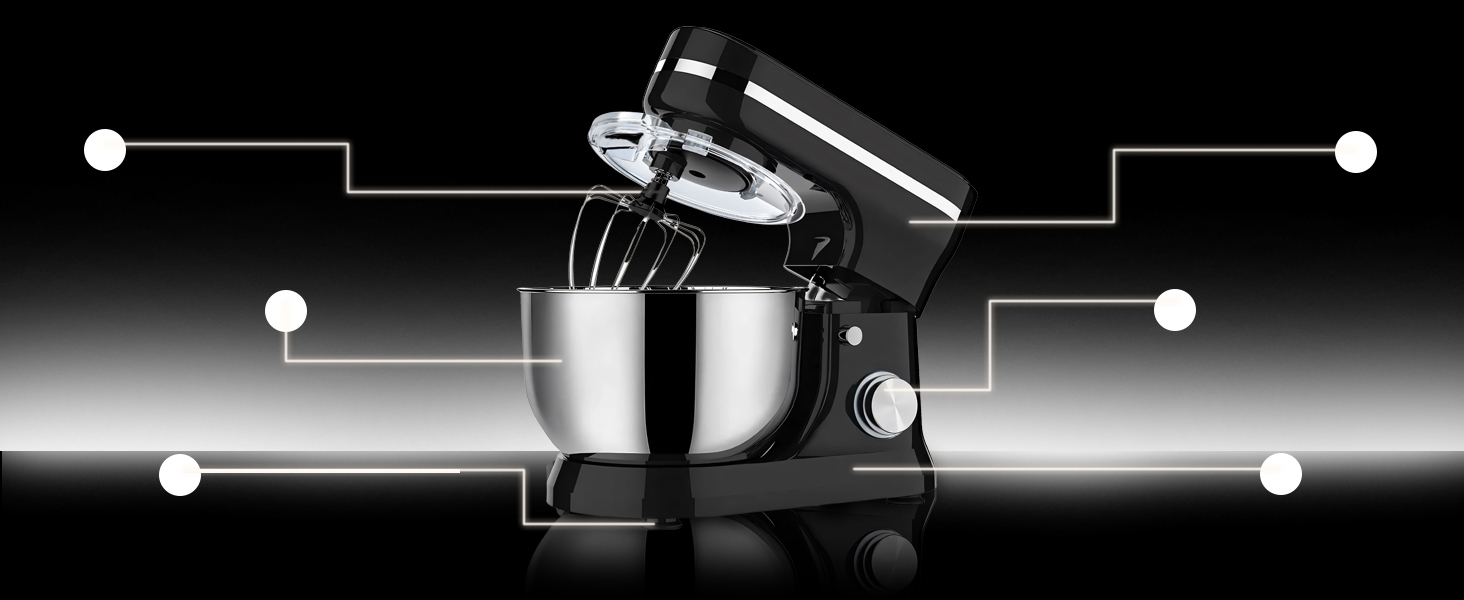 Кухонна машина Retoo 3-в-1 з нержавіючою чашею 6 л, 2000 Вт, 6 швидкостей, планетарний міксер, гак для тіста, вінчик, захист від бризок, кухонний комбайн, планетарна міксер, тістоміс