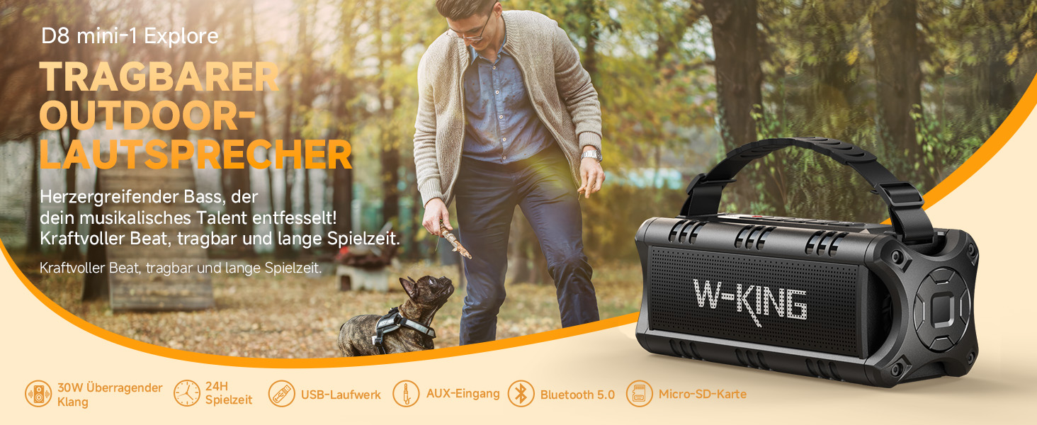 W-KING Bluetooth колонки: портативна, водонепроникна (IPX6), 60W, 24 години роботи, TF карта, USB, AUX, чорний